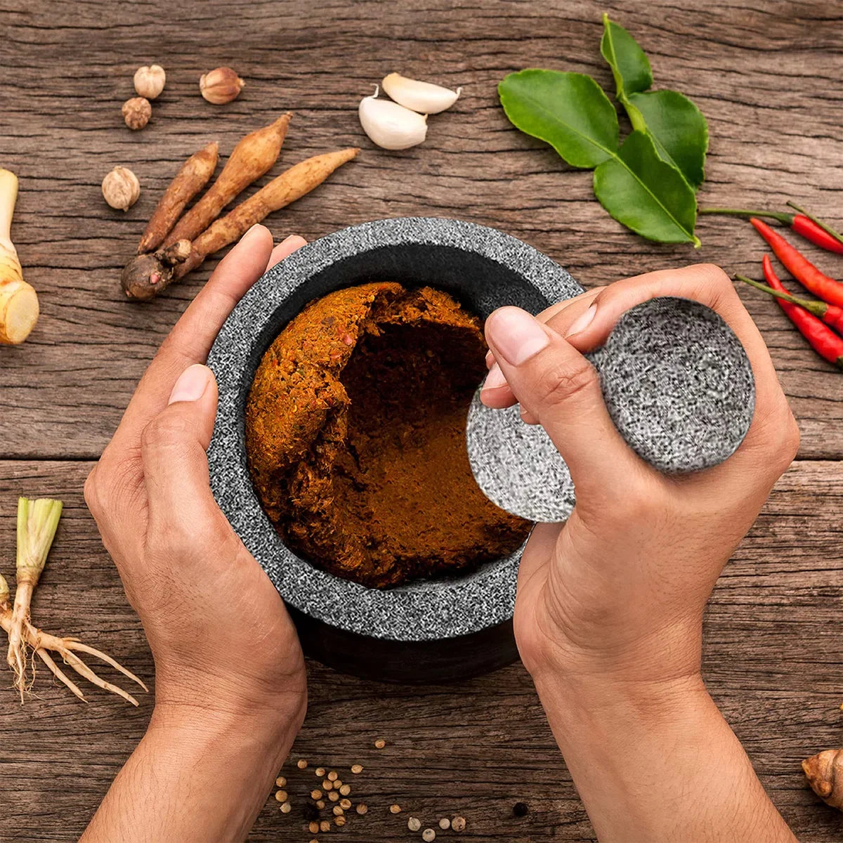 Kitchen Granite Mortar and Pestle Set - 8 Inch Natural Stone Molcajete Mexicano for Spices, Seasonings, Pastes