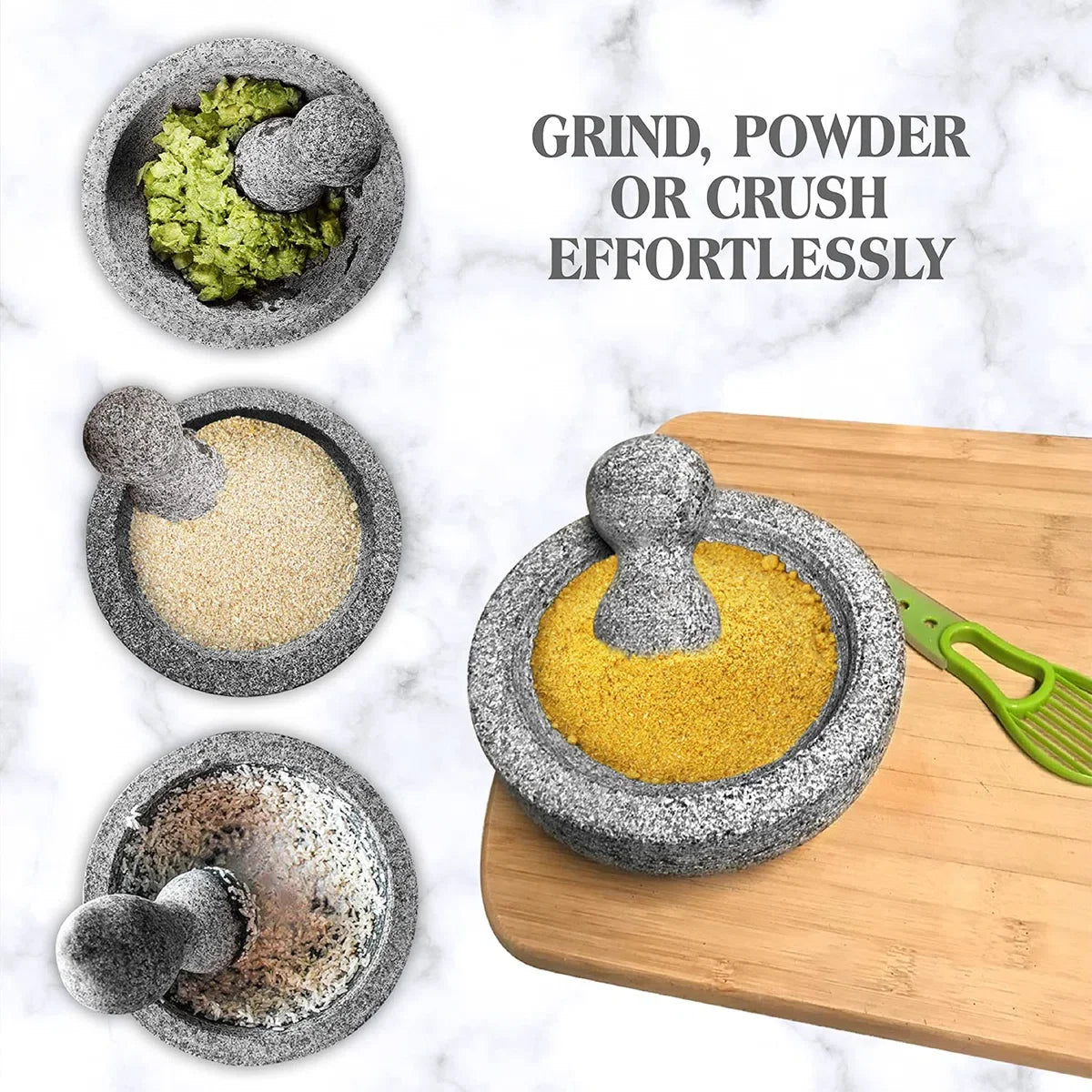 Kitchen Granite Mortar and Pestle Set - 8 Inch Natural Stone Molcajete Mexicano for Spices, Seasonings, Pastes