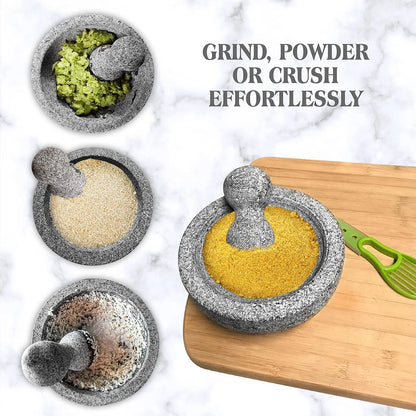 Kitchen Granite Mortar and Pestle Set - 8 Inch Natural Stone Molcajete Mexicano for Spices, Seasonings, Pastes