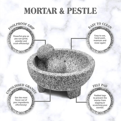 Kitchen Granite Mortar and Pestle Set - 8 Inch Natural Stone Molcajete Mexicano for Spices, Seasonings, Pastes