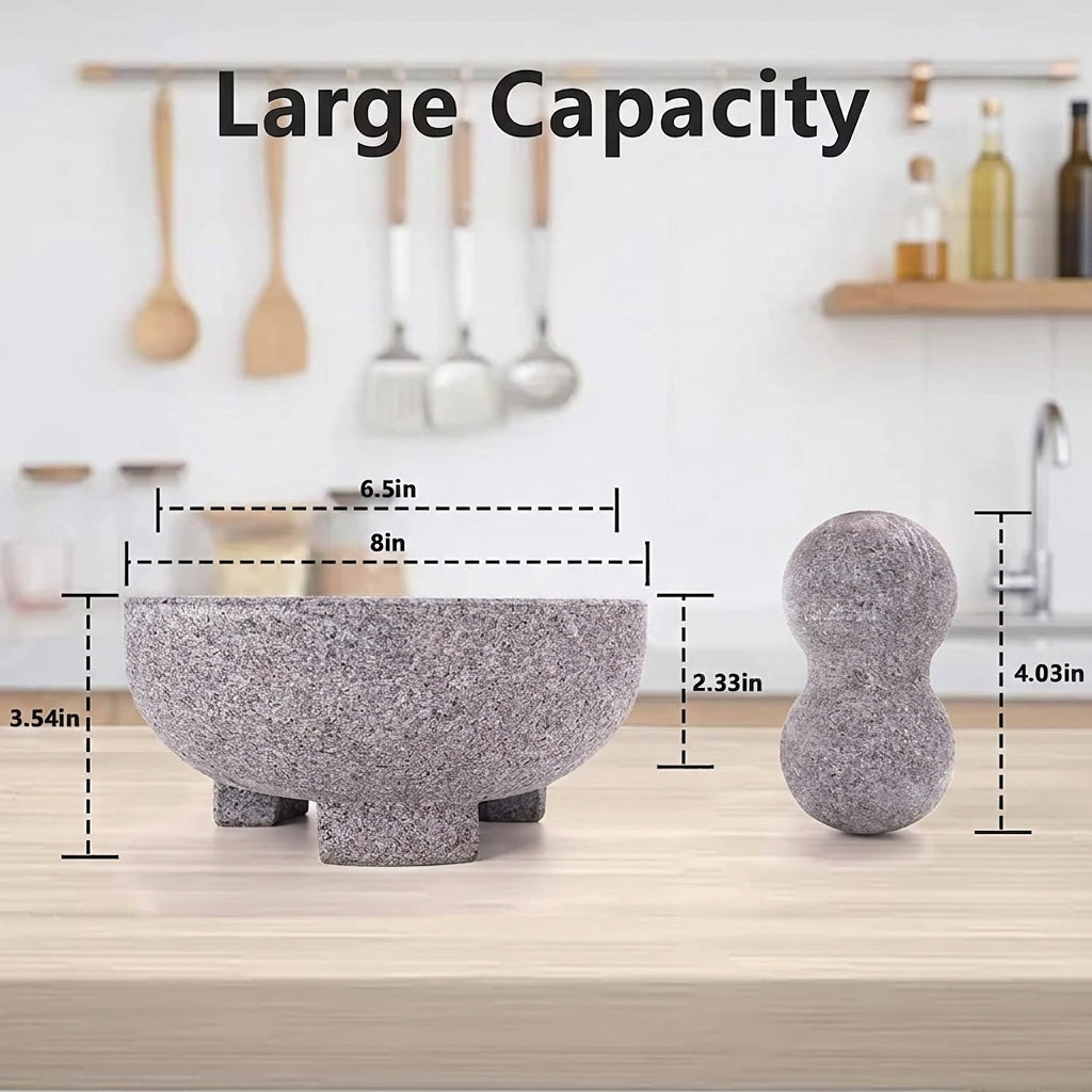 Kitchen Granite Mortar and Pestle Set - 8 Inch Natural Stone Molcajete Mexicano for Spices, Seasonings, Pastes
