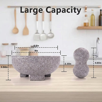 Kitchen Granite Mortar and Pestle Set - 8 Inch Natural Stone Molcajete Mexicano for Spices, Seasonings, Pastes