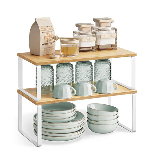 2 Tiers Kitchen Wooden Stackable Storage Rack Counter Shelf Organizer