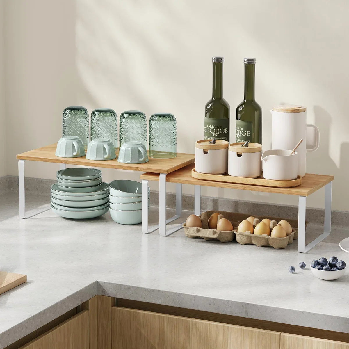 2 Tiers Kitchen Wooden Stackable Storage Rack Counter Shelf Organizer