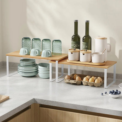 2 Tiers Kitchen Wooden Stackable Storage Rack Counter Shelf Organizer
